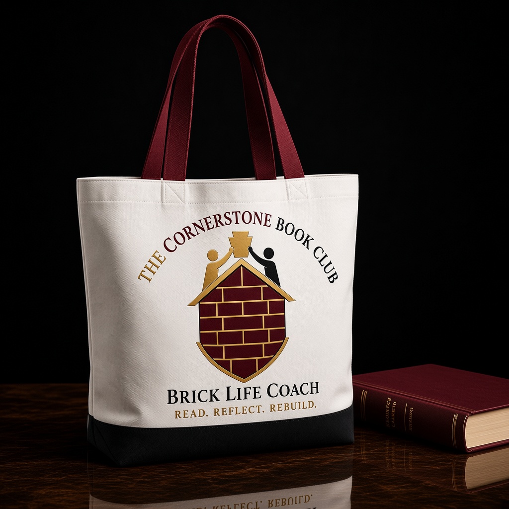The Cornerstone Book Club Heavyweight Canvas Tote Bag in Burgundy, Black, and Gold with Keystone Shield Logo