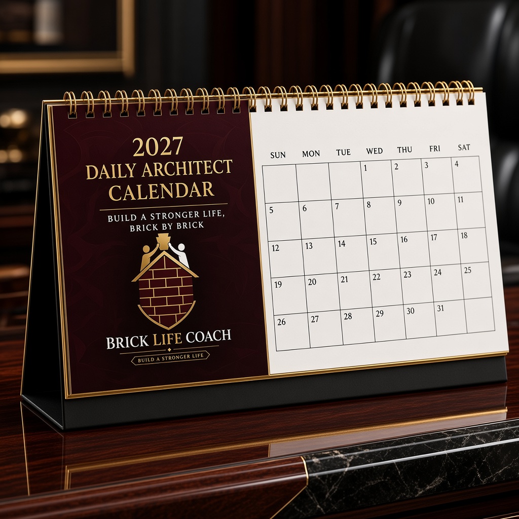 Brick Life Coach 2027 Spiral Desktop Easel Calendar with Monthly Positive Affirmations and Keystone Shield Logo