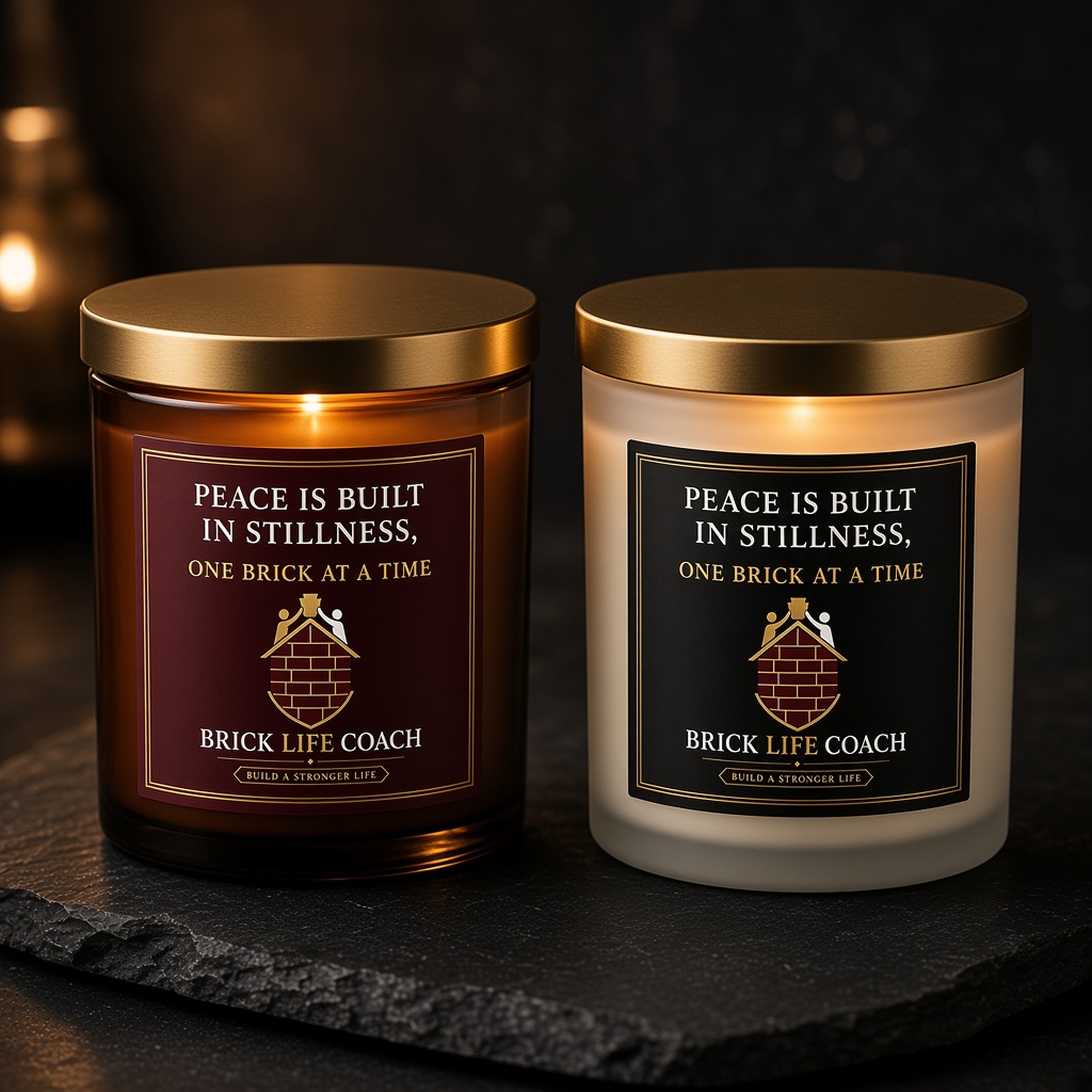 Brick Life Coach 9oz Scented Soy Jar Candles in Amber and Frosted Glass with Affirmation Label and Keystone Shield Logo