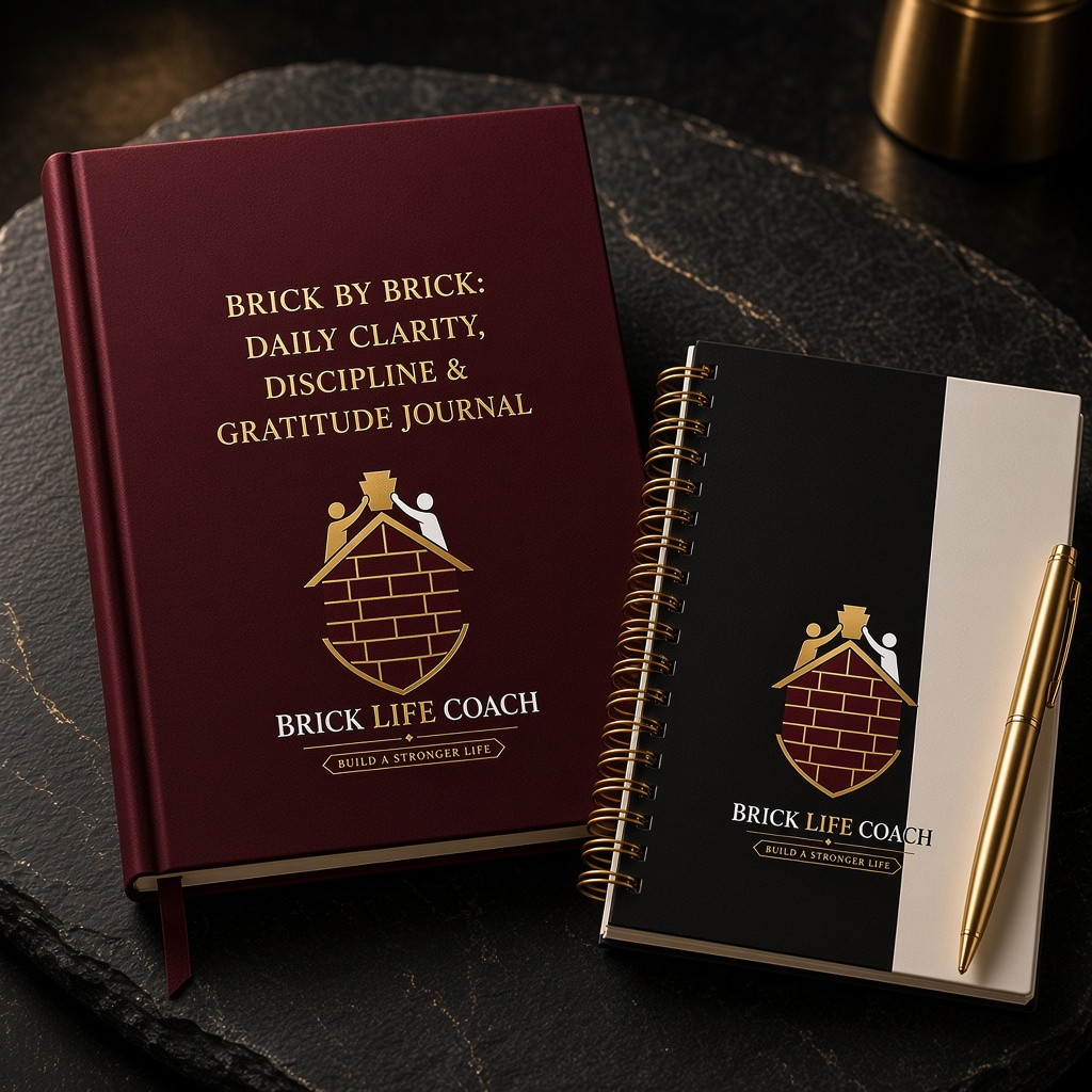 Brick Life Coach Positive Affirmation Hardcover Journal and Spiral Notebook in Burgundy, Black, and Gold with Keystone Shield Logo