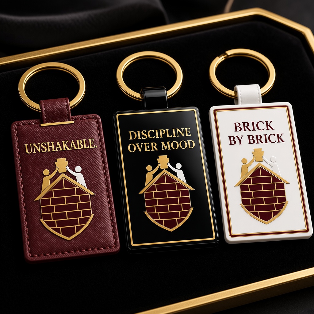 Brick Life Coach Burgundy and Gold Positive Affirmation Keychains with Keystone Shield Emblem