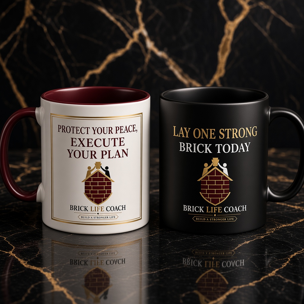 Brick Life Coach 15oz Two-Tone Burgundy and Matte Black Positive Affirmation Coffee Mugs with Keystone Shield Logo